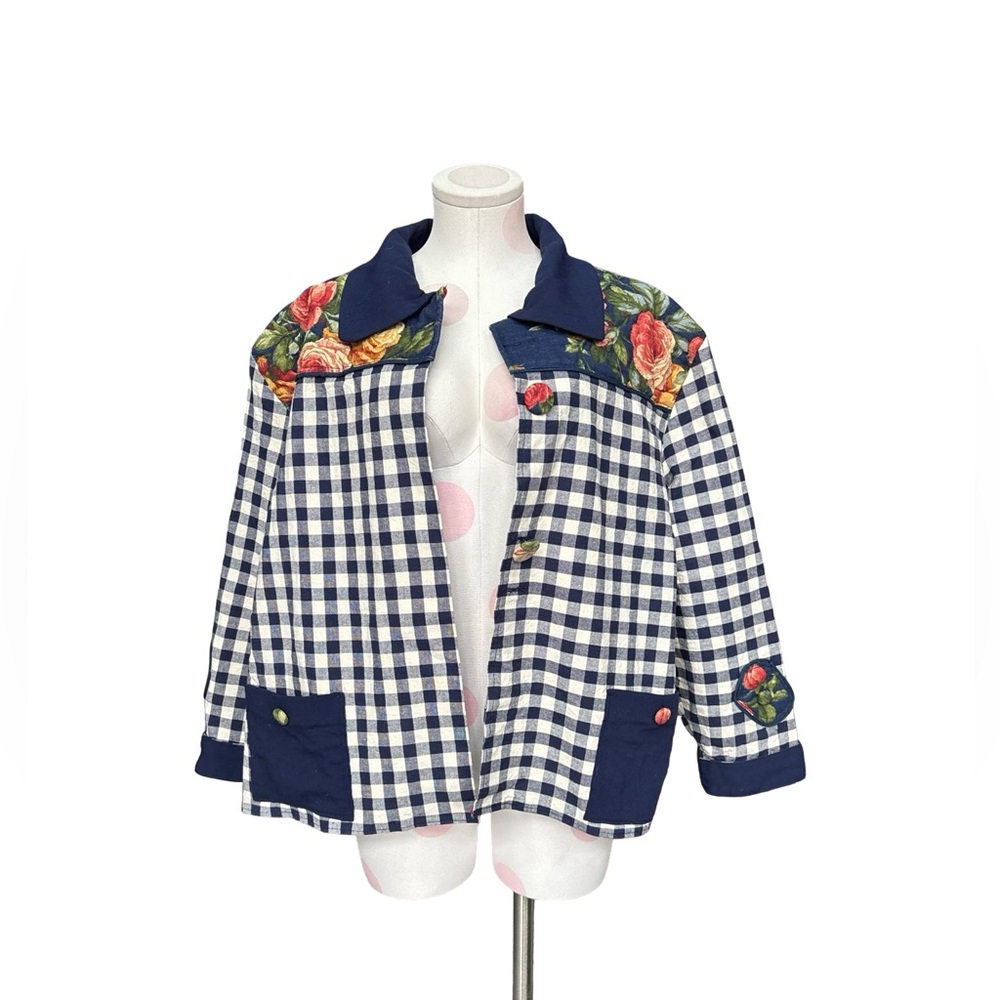 Vintage Navy Blue & White Gingham Floral Yoke Jacket